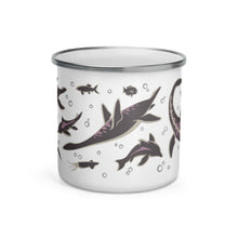 Load image into Gallery viewer, An enamel mug that is awkwardly suspended in the water because the AI absolutely REFUSED to add squid or dinosaurs despite my many requests. So this is just floating vertically in the water I guess.