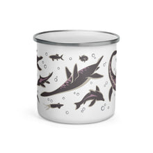 Load image into Gallery viewer, An enamel mug that is awkwardly suspended in the water because the AI absolutely REFUSED to add squid or dinosaurs despite my many requests. So this is just floating vertically in the water I guess.

